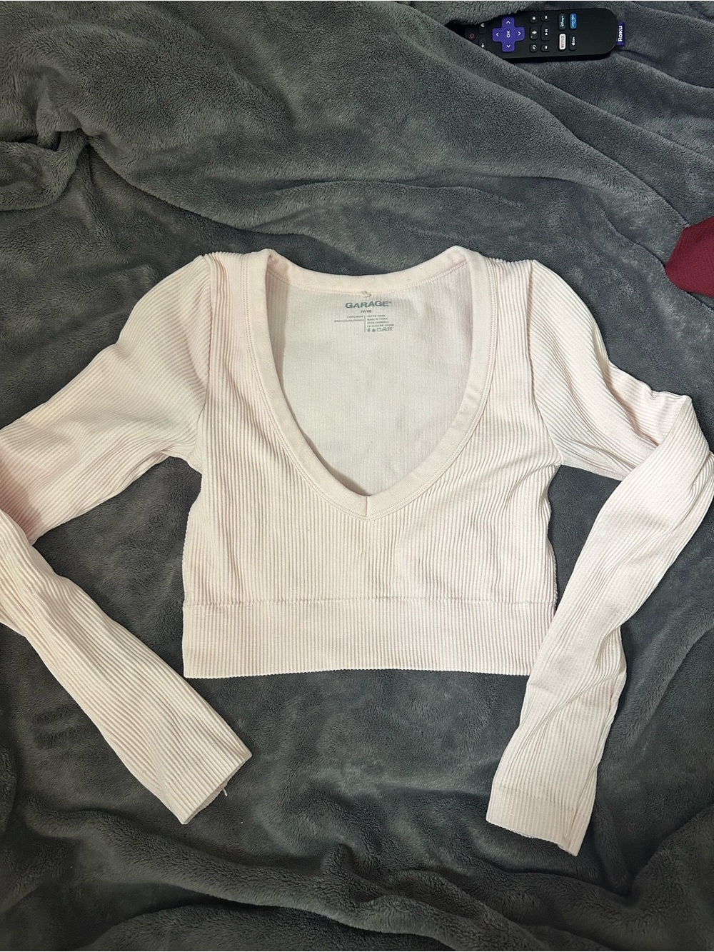 Garage Pale Pink Ribbed V-Neck Long Sleeve Crop Top